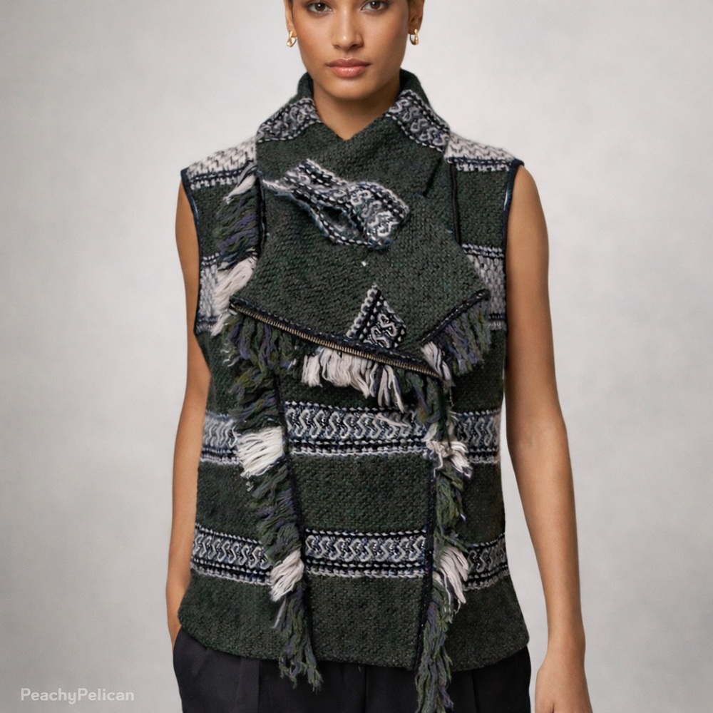 EDUN Size M NWT Artisan Knit Vest Textured Fringe Modern Boho Nordic Green